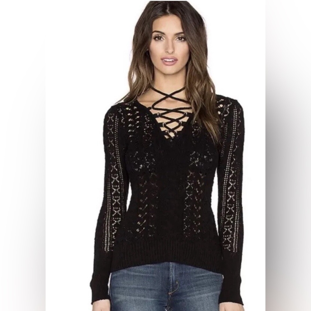 Free People Black Lace-Up V-Neck Knit Sweater